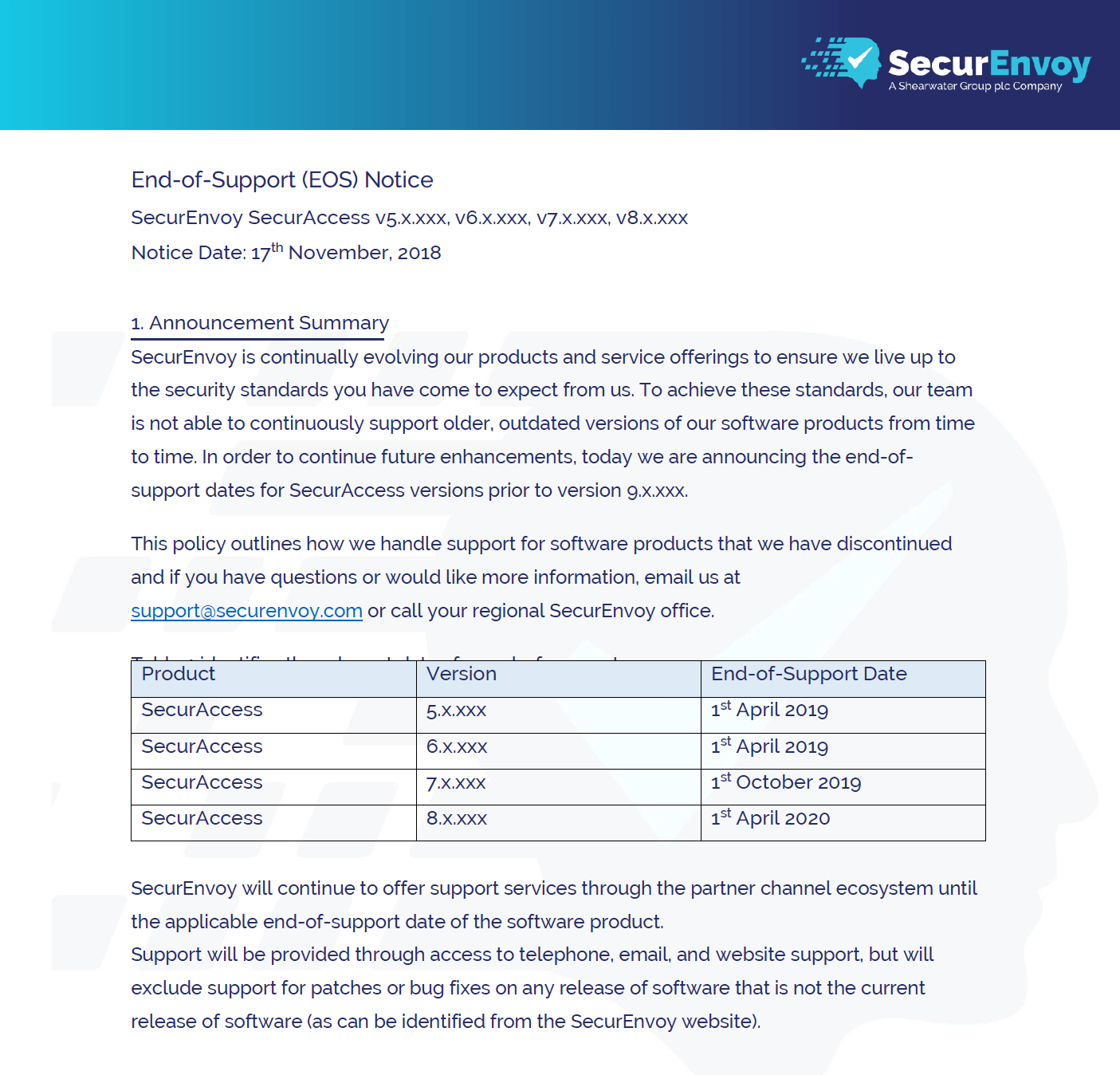 End of Support Notice for SecurAccess v5.x.xxx, v6.x.xxx, v7.x.xxx, v8.x.xxx